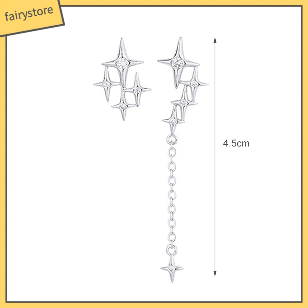 1 Đôi Bông Tai Xỏ Lỗ Dạng Chuỗi Thẳng Dài Mạ Bạc Thiết Kế Bốn Ngôi Sao Lấp Lánh Thời Trang Dự Tiệc
