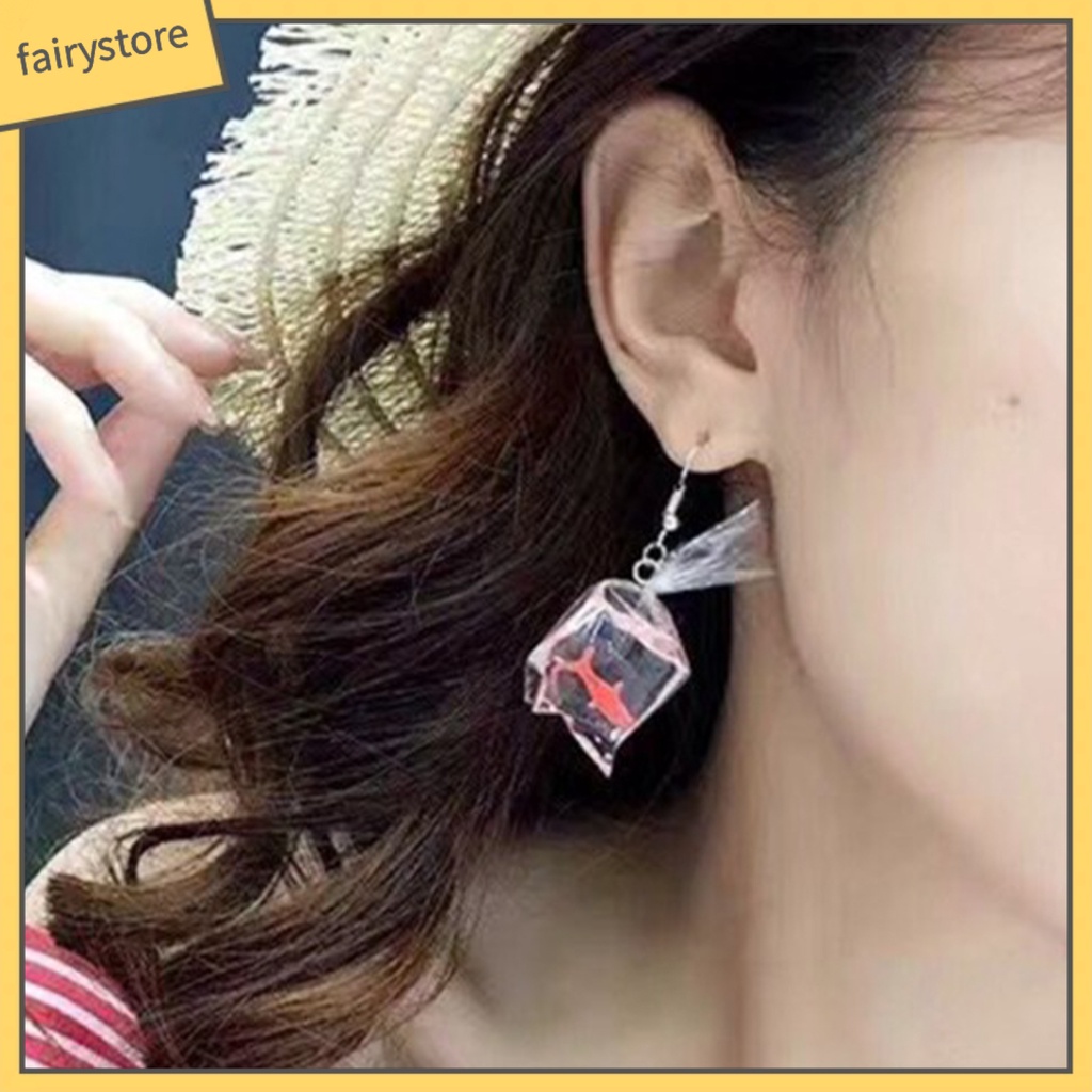 1 Đôi Bông Tai Lủng Lẳng Bằng Nhựa Resin Thân Thiện Với Da Chống Biến Dạng Kèm Túi Nước Cá Vàng Cho Nữ