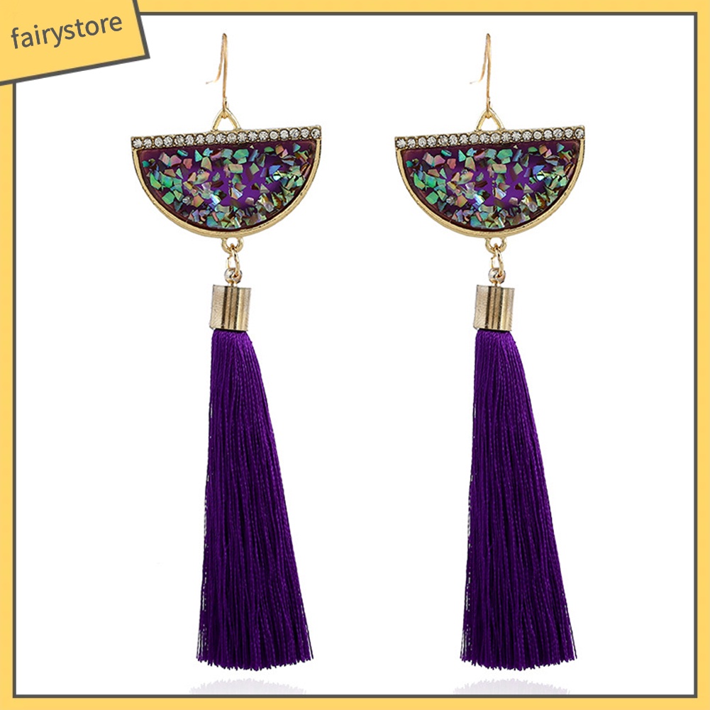 Bông Tai Dáng Dài Đính Đá Phối Tua Rua Hình Quạt Phong Cách Dân Tộc Cổ Điển Thời Trang Cho Nữ