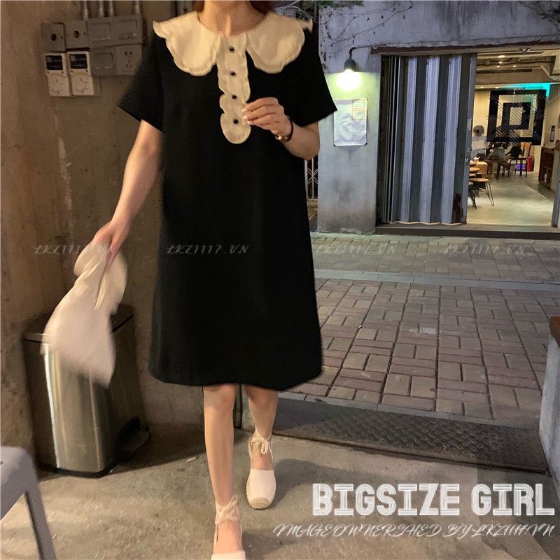 Đầm dáng suông Bigsize Váy nữ tay ngắn cổ bèo mùa hè Phong cách Hàn Quốc Thời Trang tiểu thư cá tính xinh đẹp cho người mập béo