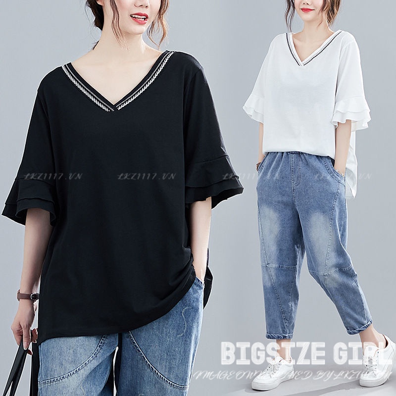 Áo thun nữ trung niên cotton tay ngắn cổ chữ v đen Bigsize Áo trung niên nữ sang trọng form rộng mùa hè cho mẹ cho bà Thời trang Trung Niên Cao Cấp