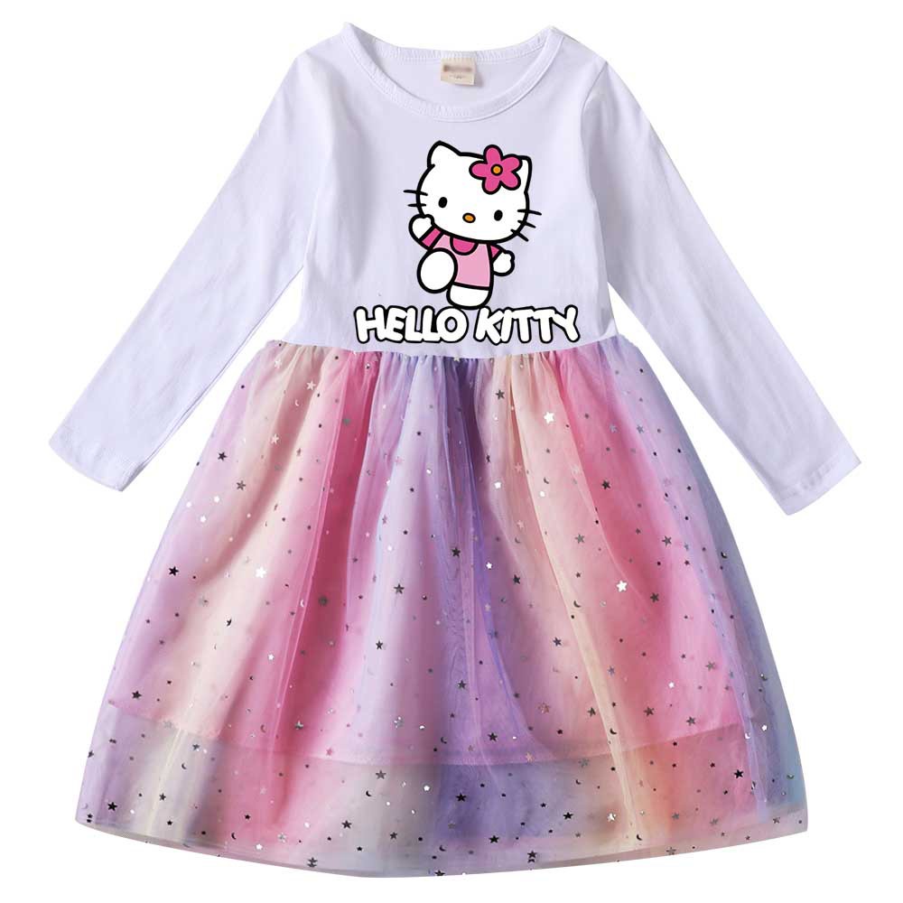Đầm Tay Dài In Hình Hello Kitty Lấp Lánh Thời Trang Cho Bé Gái