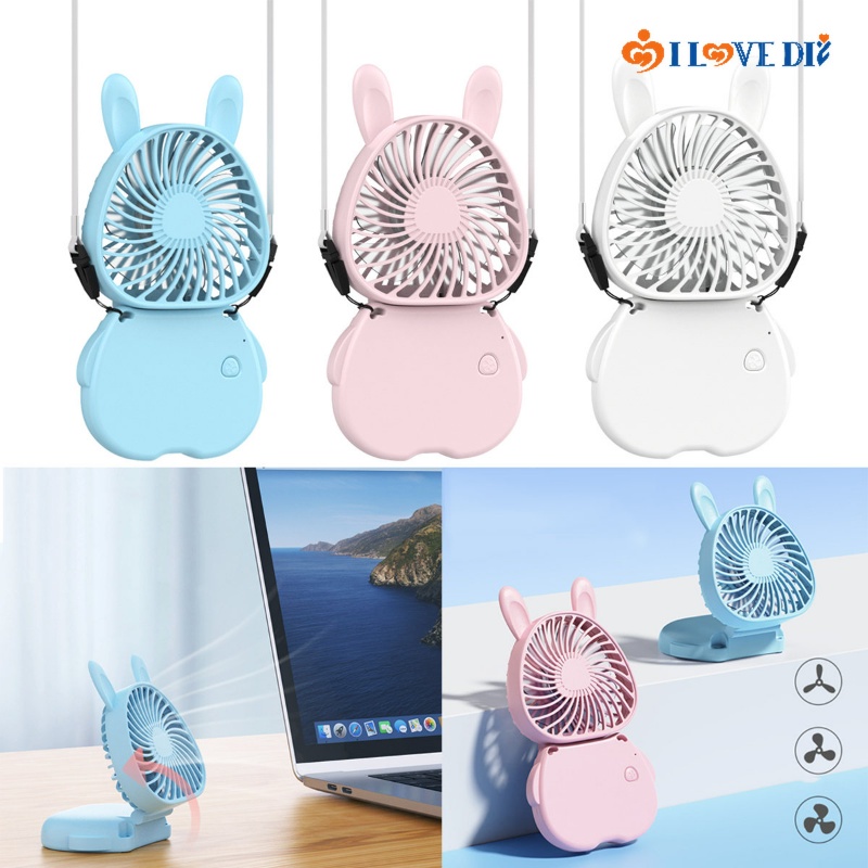 Quạt Mini Cầm Tay Hình Thỏ Hoạt Hình Dễ Thương Kèm Sạc USB Và Dây Đeo Tiện Dụng Cho Mùa Hè