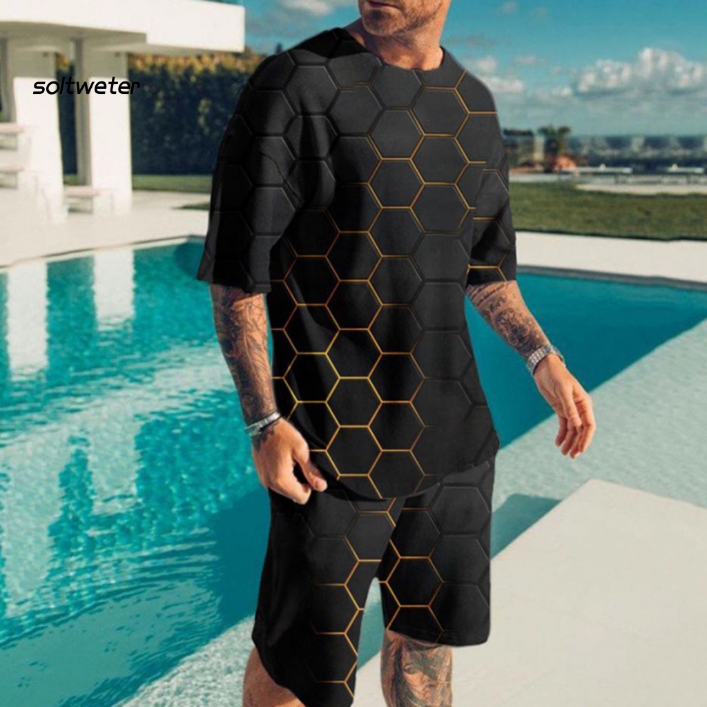 Bộ Trang Phục Thể Thao 2 Mảnh Gồm Áo Thun Tay Ngắn Cổ Tròn + Quần Short Lưng Thun In Họa Tiết 3D Thời Trang Cho Nam