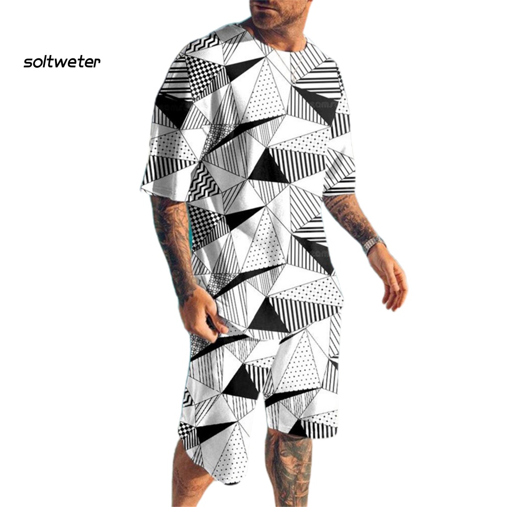 1 Bộ Áo Thun Cổ Tròn In Họa Tiết 3D + Quần Short Lưng Thun Phối Túi Thời Trang Đường Phố Mùa Hè