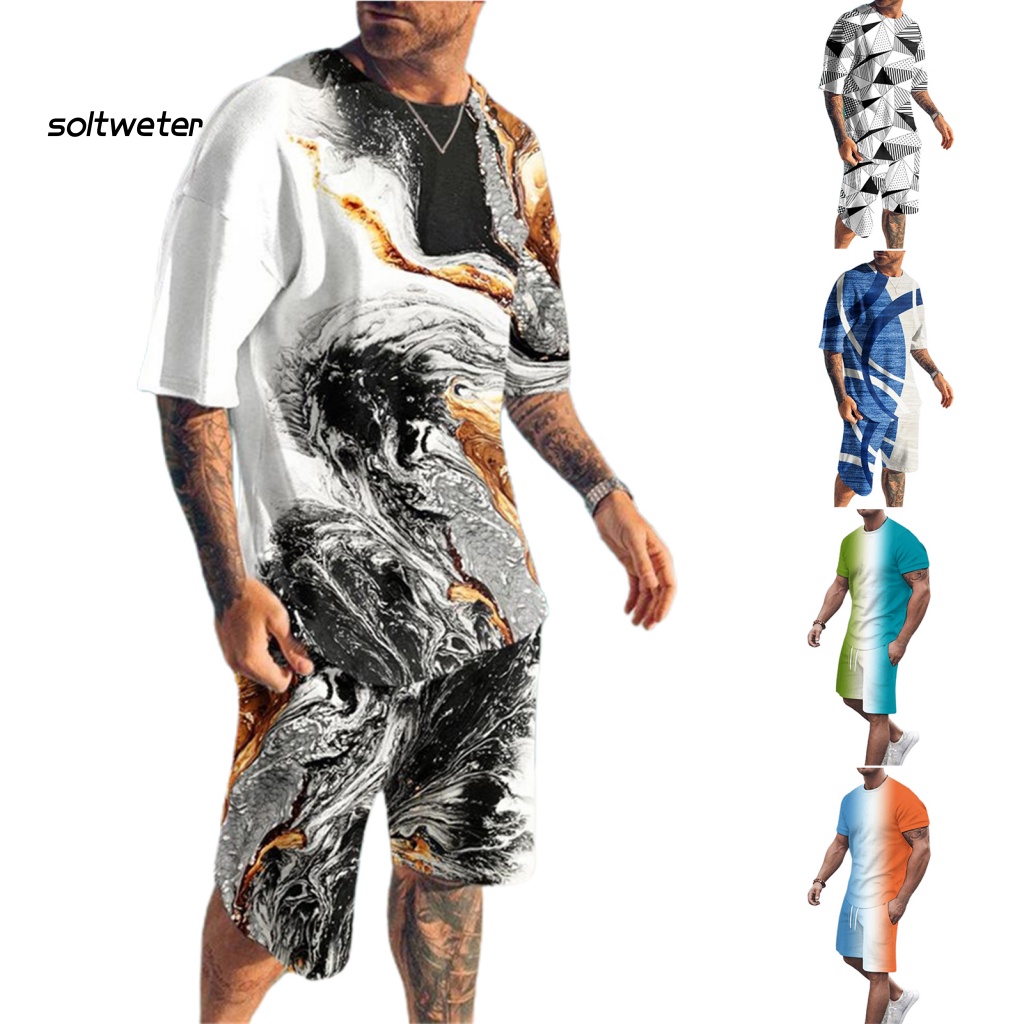 1 Bộ Áo Thun Cổ Tròn In Họa Tiết 3D + Quần Short Lưng Thun Phối Túi Thời Trang Đường Phố Mùa Hè