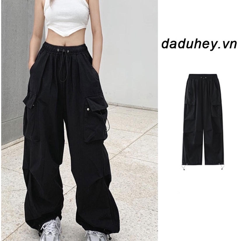 Quần dài Daduhey ống rộng lưng cao nhiều túi thời trang retro cho nữ
