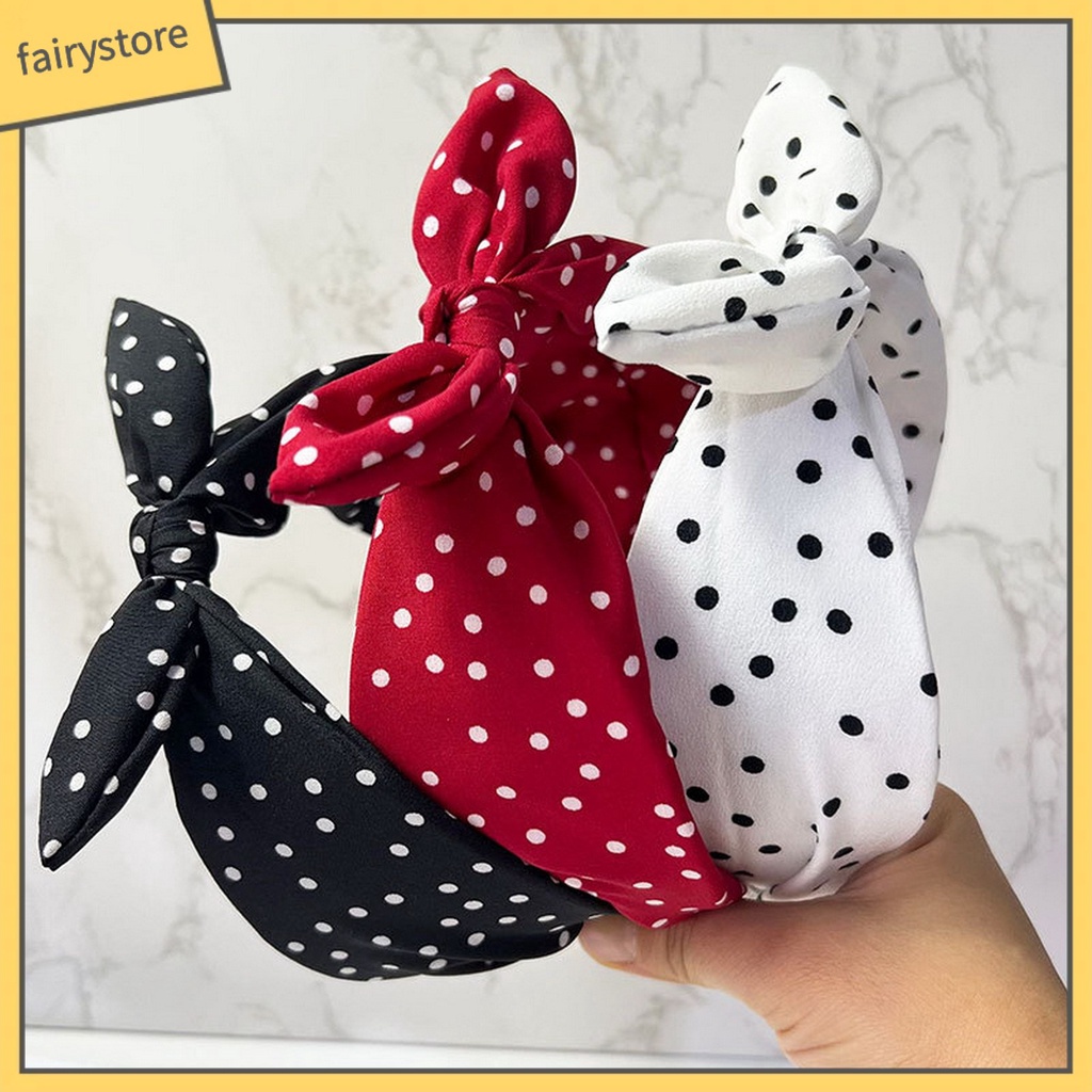 Băng Đô Tai Thỏ Co Giãn Chống Trượt In Họa Tiết Chấm Bi Màu Sắc Tương Phản Dành Cho Nữ