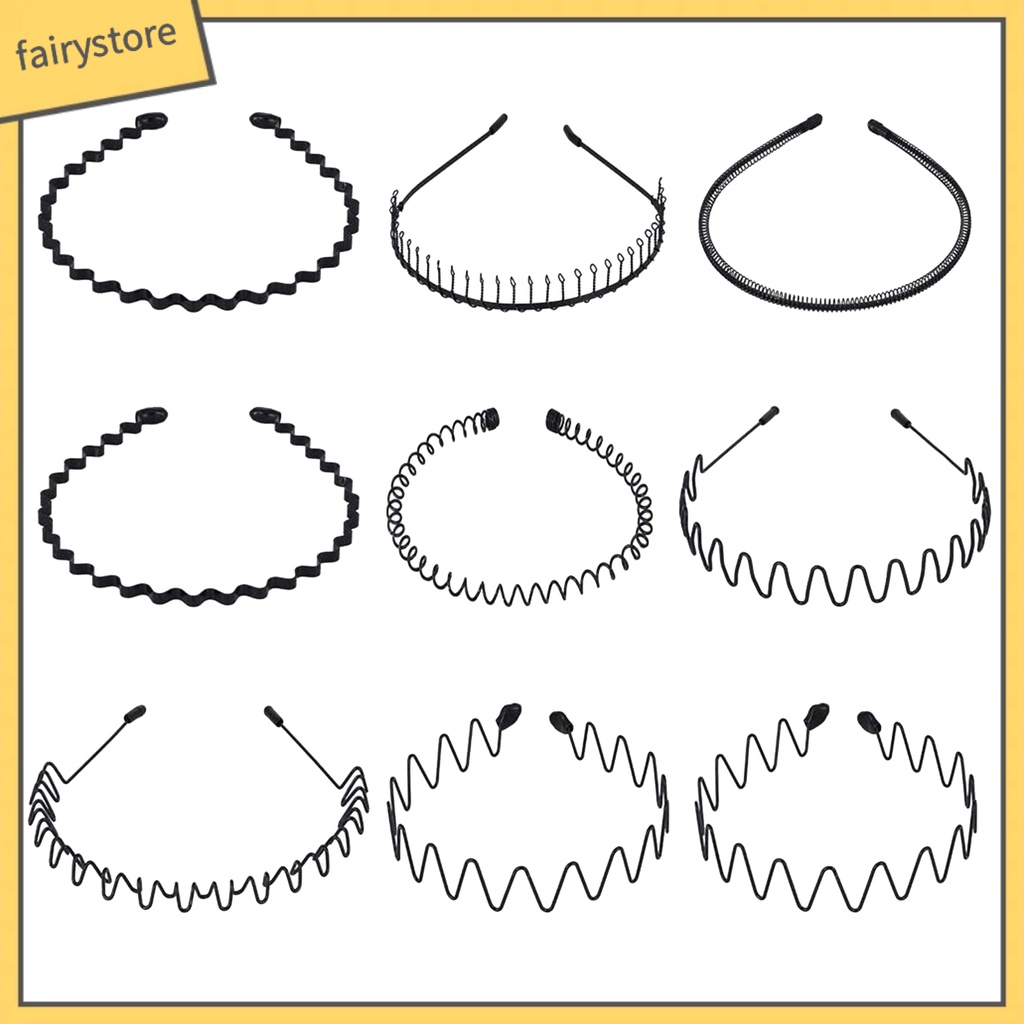 Set 9 Băng Đô Cài Tóc Rửa Mặt / Trang Điểm Hình Gợn Sóng Màu Đen Co Giãn