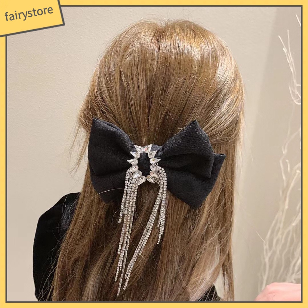 Kẹp Tóc Nơ Đính Đá Tua Rua Màu Đen Cho Nữ