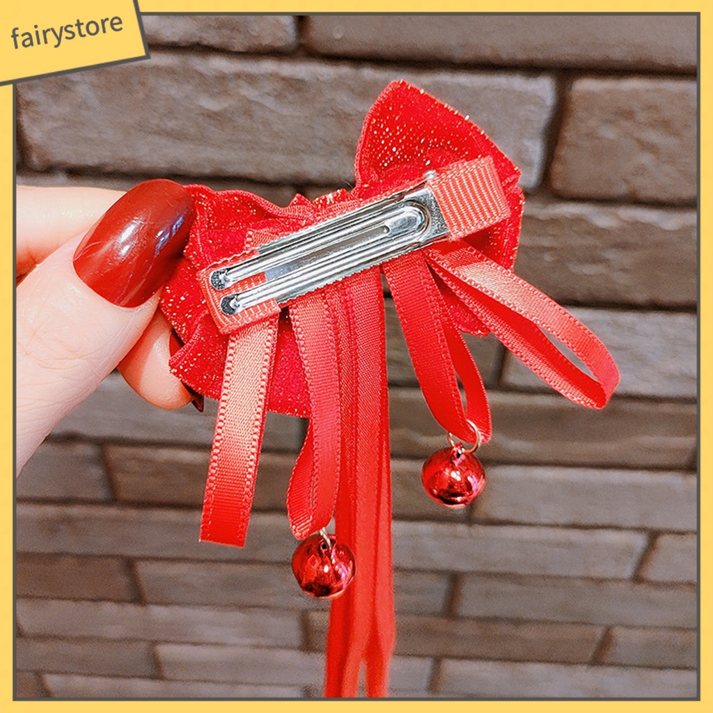 1 Cặp Kẹp Tóc Nơ Ruy Băng Dài Màu Đỏ Dễ Thương Có Chuông Thanh Lịch Dành Cho Bé Gái Mặc Trong Năm Mới