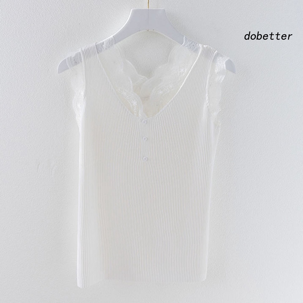 [DO] Áo Không Tay Cổ Chữ V Ôm Dáng Phối Ren Mỏng Màu Trơn Trang Trí Nút Trang Trí Mùa Hè Dành Cho Nữ