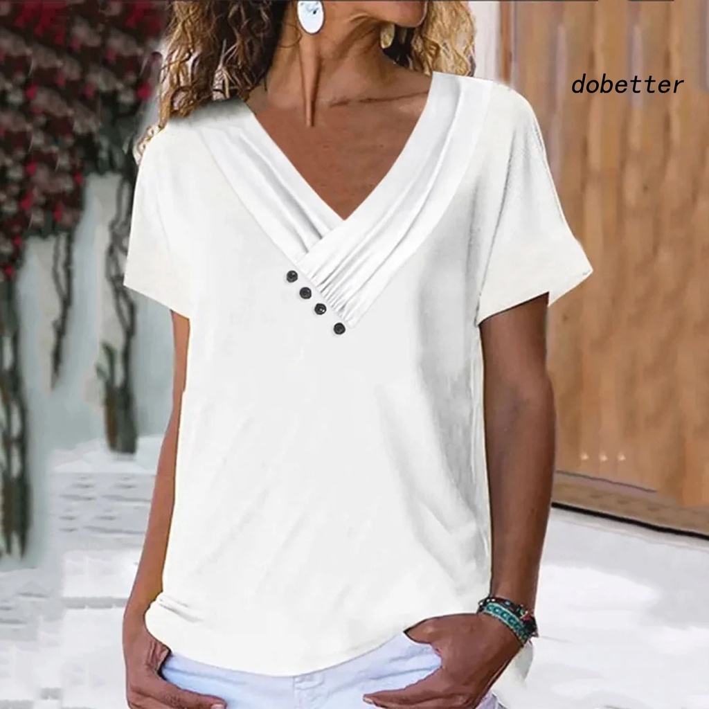 [DO] Áo Thun Tay Ngắn Cổ Chữ V Màu Trơn Mềm Mại Thoáng Khí Có Nút Trang Trí Đơn Giản Dành Cho Nữ Mùa Hè