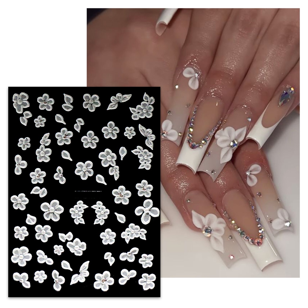Miếng Dán Trang Trí Móng Tay Nghệ Thuật Dập Nổi Họa Tiết Hoa Lớn Màu Trắng Thích Hợp Cho Tiệc Cưới