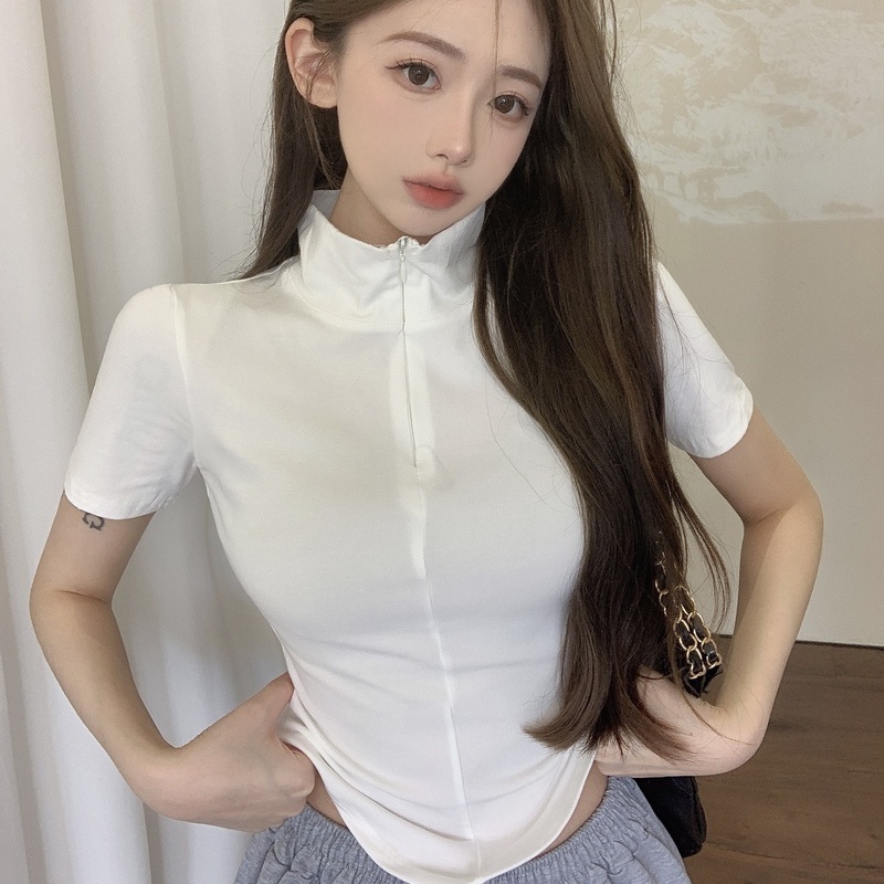 Áo Thun Ngắn Tay Cổ Cao Có Khóa Kéo Thời Trang Mùa Hè Cho Nữ