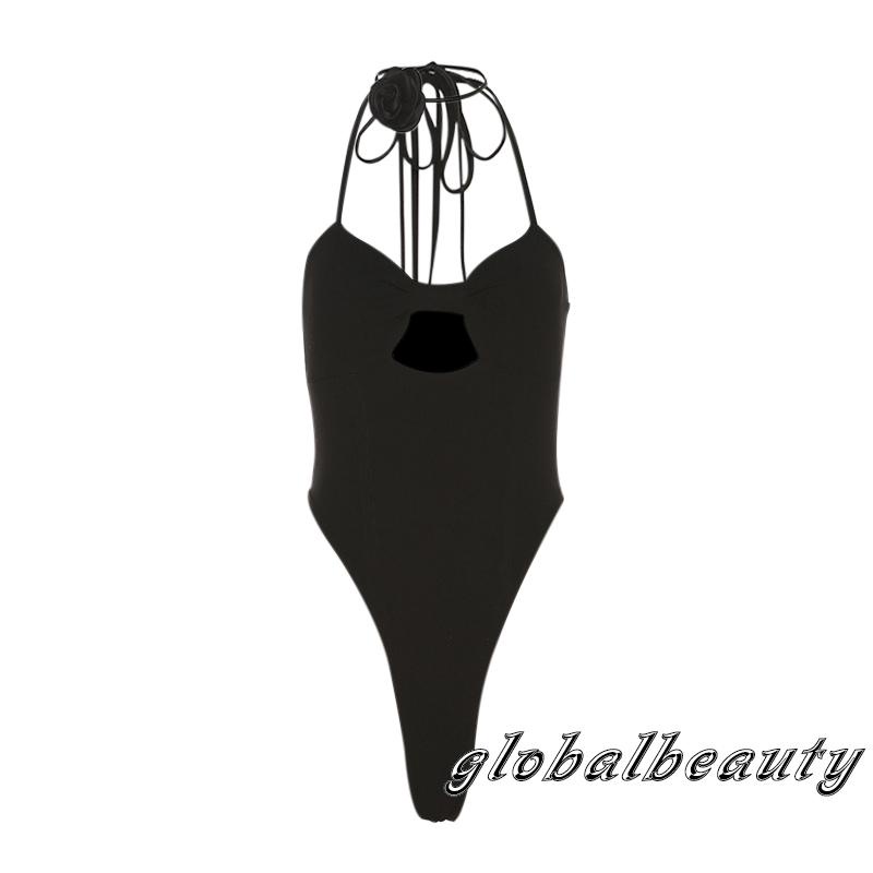 Áo Liền Quần Tam Giác Không Tay Họa Tiết Hoa 3D Màu Trơn Ôm Dáng Cho Nữ