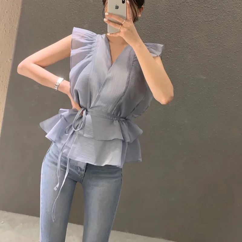 Áo Sơ Mi Cổ Chữ V Không Tay Phối Bèo Thời Trang Mùa Hè Hàn Quốc 2023 Dành Cho Nữ