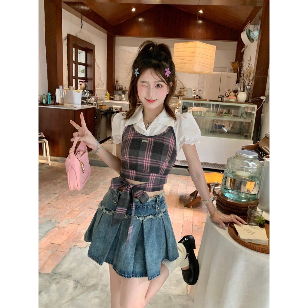 Y2k Chân Váy Jean Denim Ngắn Lưng Cao Xếp Ly Thời Trang Mùa Hè Hàng Mới Dành Cho Nữ