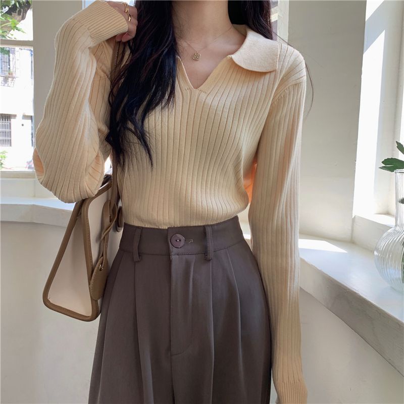 Áo sweater Dệt Kim Cổ Polo Tay Dài Dáng Rộng Thiết Kế Mới Mùa Thu 2023 Cho Nữ