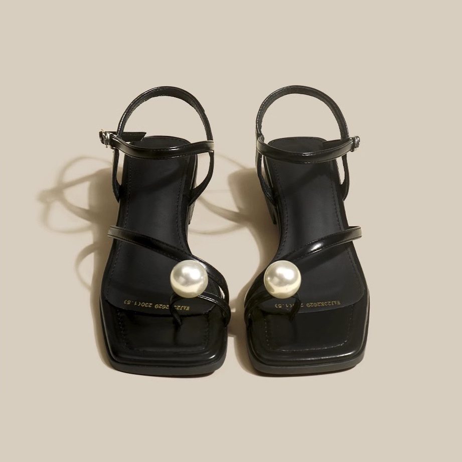 Duoya Tóc Thẳng ~ [Hàng Có Sẵn] [RUODAN] Giày Sandal Gót Dày Phẳng Quai Đính Ngọc Trai Giản Dị Miễn Phí Vận Chuyển