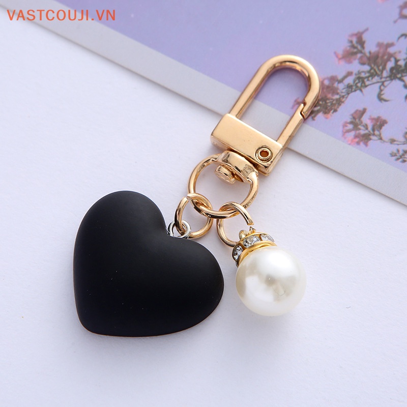 Móc Khóa Hình Trái Tim VASTJI Màu Trắng Đen Đính Ngọc Trai Thời Trang Dành Cho Cặp Đôi