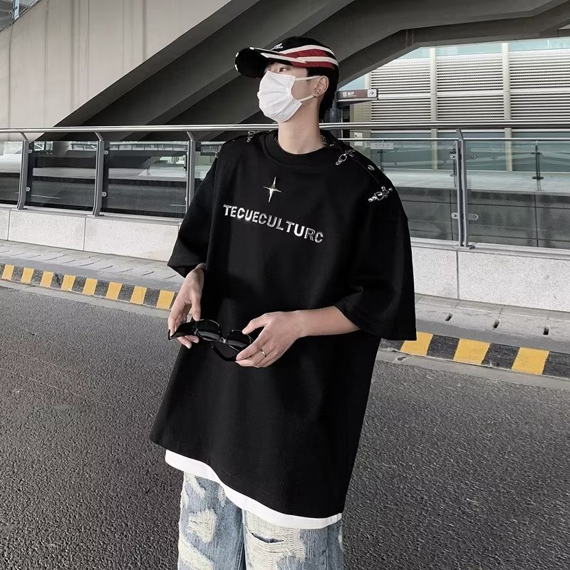 Áo Thun Tay Ngắn Phối Nút Kim Loại Nặng 320g Phong Cách Đường Phố Mỹ Cho Nam