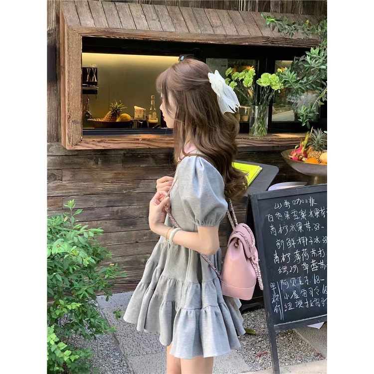 Escaping Đầm Công Chúa Tay Phồng Ôm Eo Màu Xám Spicy Ngọt Ngào Thời Trang Xuân Hè Cho Nữ