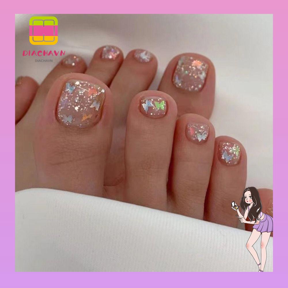 Set 24 Móng Chân Giả Hình Vuông Ngắn Phong Cách Pháp Dành Cho Nữ