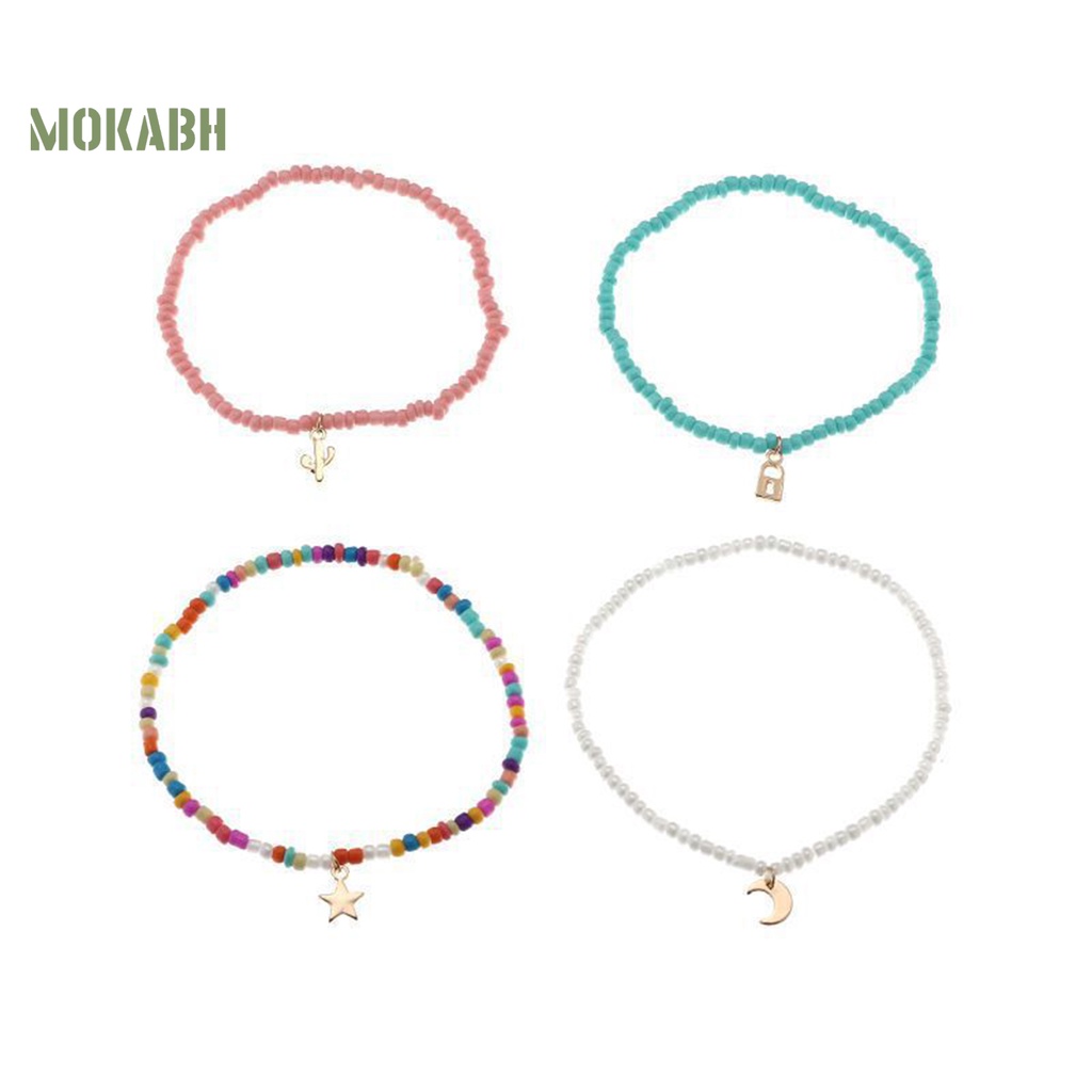 [Mok Abh] Set 4 Lắc Chân Chuỗi Hạt Nhiều Màu Sắc Bắt Mắt Tinh Tế Co Giãn Làm Quà Sinh Nhật Cho Nữ