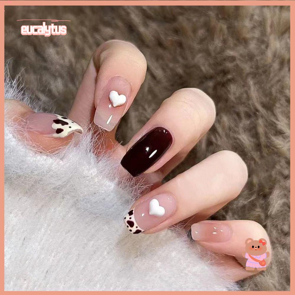Set 24 Móng Tay Giả Phủ Toàn Diện Họa Tiết Trái Tim Dễ Thương