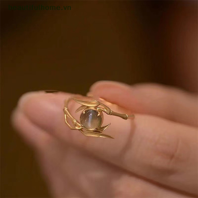 [beautifulhome] Nhẫn Opal Trong Suốt Thiết Kế Hình Lá Tre Độc Đáo Thời Trang Vintage Có Thể Điều Chỉnh Cho Nữ [beauty]