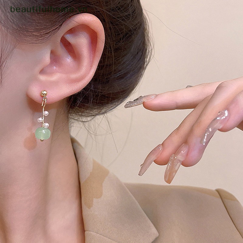 1 Đôi Bông Tai Dây Quấn Hoa Đính Ngọc Trai Màu Xanh Lá Đơn Giản Thời Trang Dành Cho Nữ