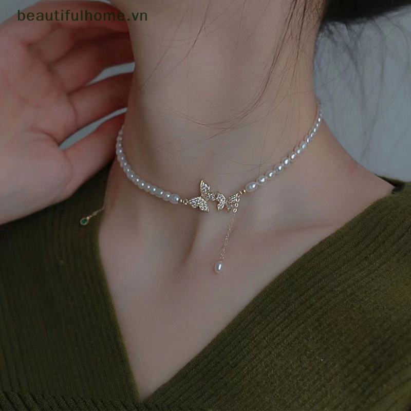 Vòng Cổ Choker Hai Lớp Mặt Hình Bướm Đính Ngọc Trai Giả Màu Trắng Thời Trang Mùa Hè Cho Nữ