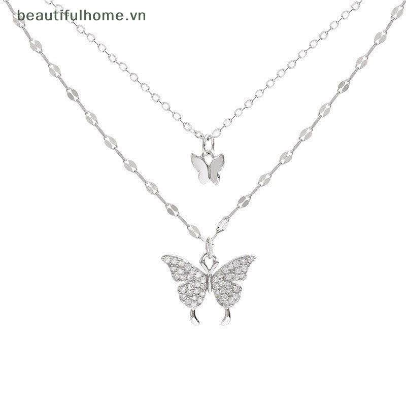 Vòng cổ Hai Lớp Mặt Hình Bướm Đính Đá Zircon Cho Nữ