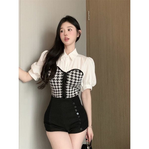 Cozok Áo Sơ Mi Tay Phồng Cổ Bẻ Phối Họa Tiết Kẻ Sọc Thời Trang