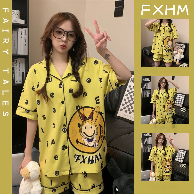 Bộ Đồ Ngủ Tay Ngắn In Họa Tiết Hoạt Hình Mặt Cười Phong Cách Hàn Quốc Thời Trang Mùa Hè Cho Nữ