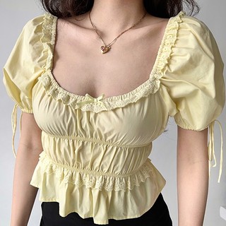 Áo Kiểu Cổ Vuông Tay Phồng Cột Dây Eo Cao Màu Trơn Phong Cách Cổ Điển Thời Trang Cho Nữ