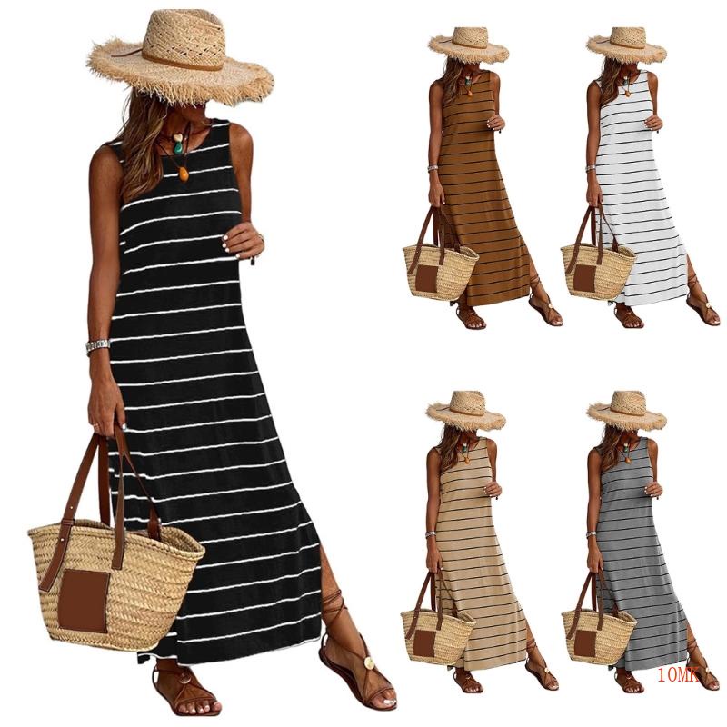 Đầm Dài Không Tay Cổ Tròn Họa Tiết Kẻ Sọc Thời Trang Mùa Hè Cho Nữ