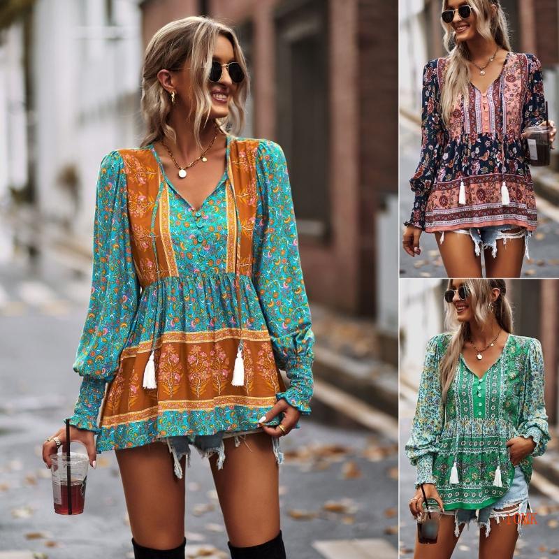 Áo Kiểu Tay Phồng Dài Dáng Rộng Cổ Chữ V Phối Dây Rút In Hoa Thời Trang Xinh Xắn Cho Nữ