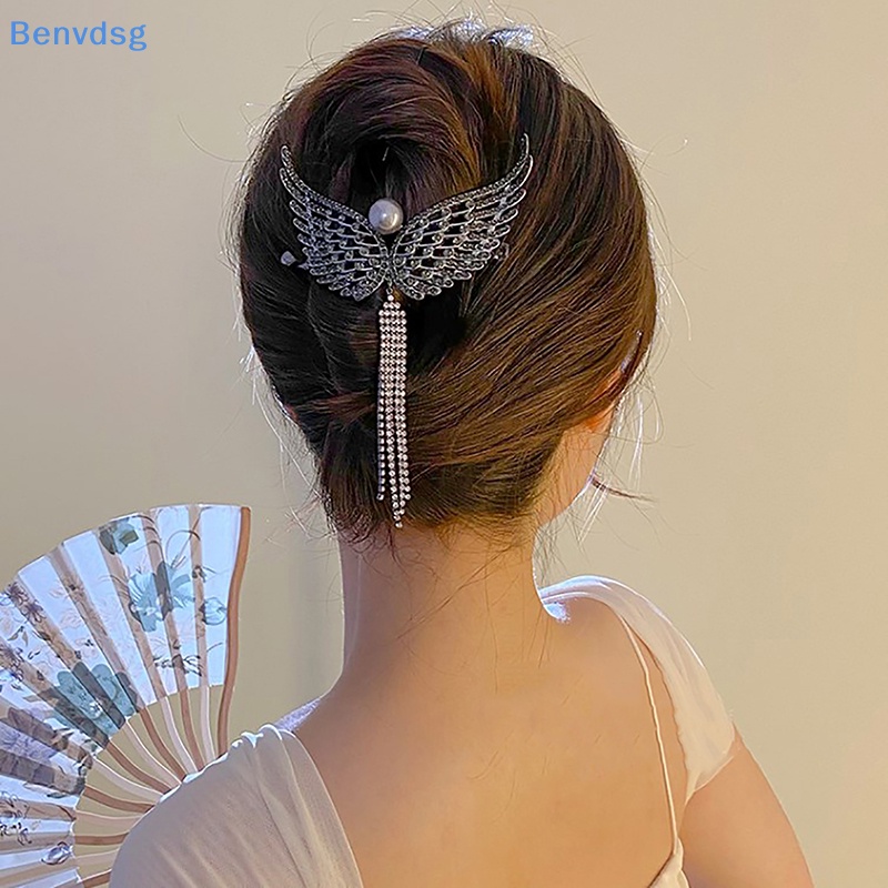 Kẹp Tóc Hình Đôi Cánh Thiên Thần Đính Đá Ngọc Trai Phối Dây Tua Rua Phong Cách Hàn Quốc