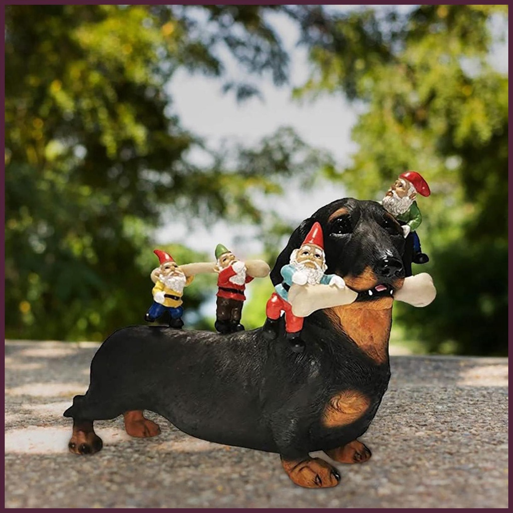 Gnome Tượng Resin Trang Trí Sân Vườn Hình Chú Chó Ăn Xương Nghệ Thuật Dachshund Gemvn