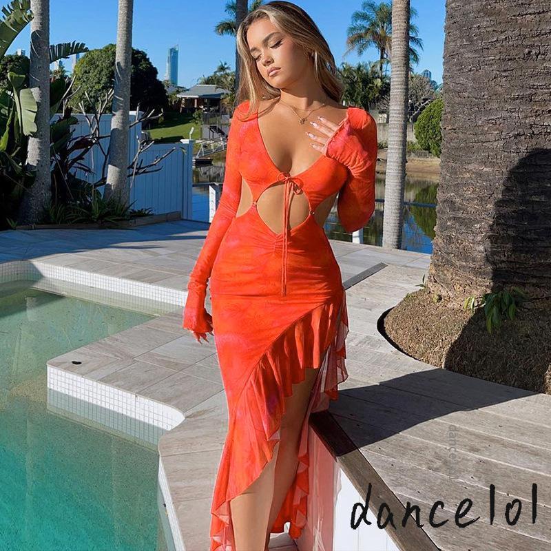 Đầm Múa 1O1 Tay Dài Viền Bèo Nhún Họa Tiết Hoa Xẻ Tà Thời Trang Cho Nữ