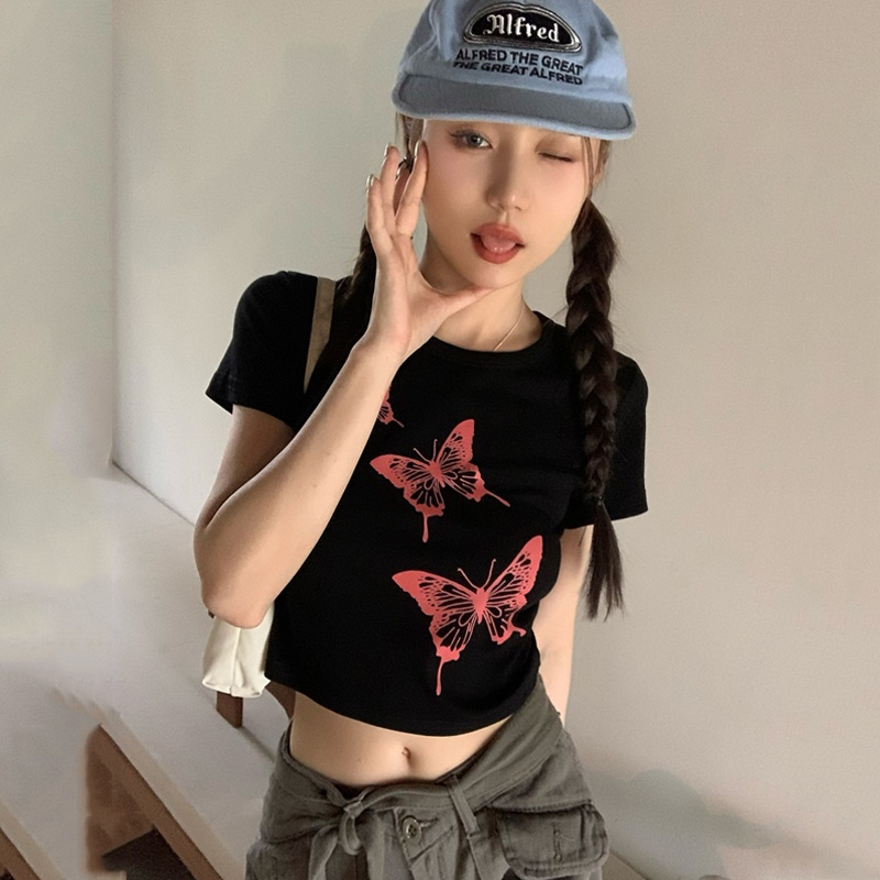 Áo Croptop Dệt Kim Tay Ngắn In Họa Tiết Quyến Rũ Phong Cách Hàn Quốc Cho Nữ