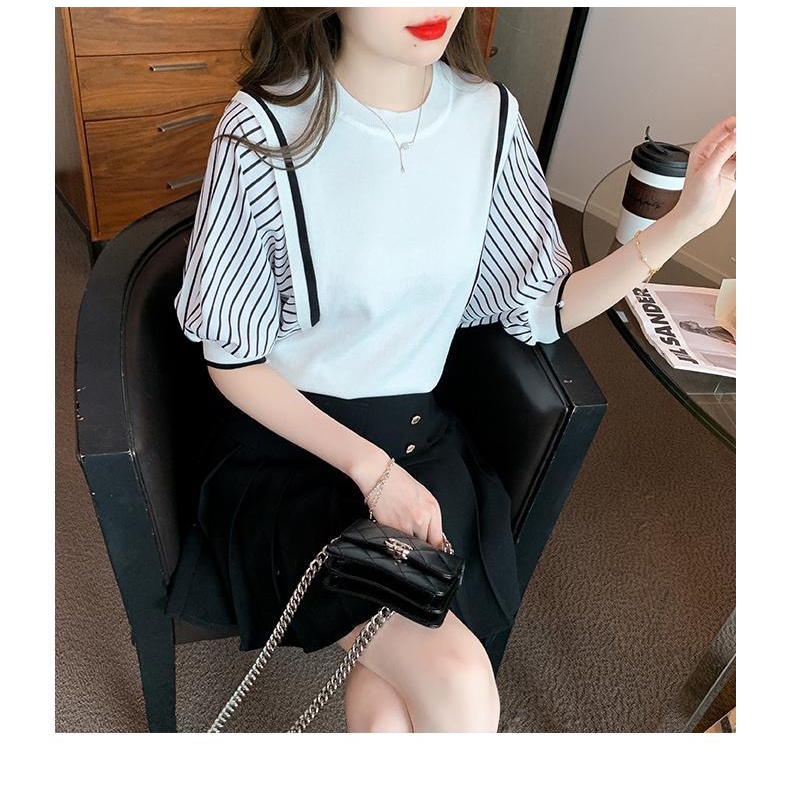 Áo Thun Dệt Kim Tay Ngắn Họa Tiết Kẻ Sọc Thời Trang Mùa Hè 2023 Cho Nữ