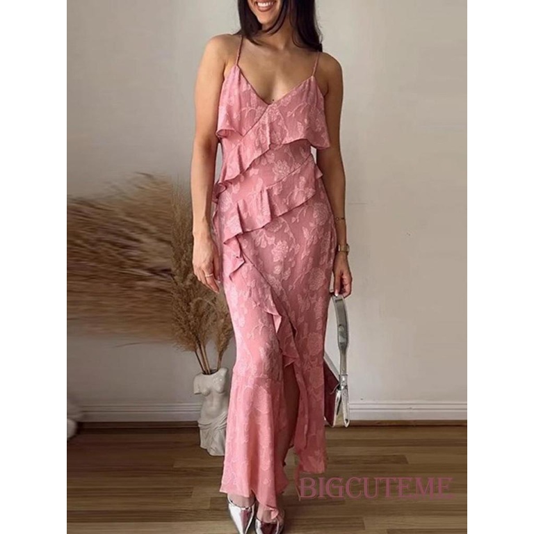 Đầm Hai Dây Cổ Chữ V Xẻ Tà Họa Tiết Hoa Thời Trang Mùa Hè Cho Nữ