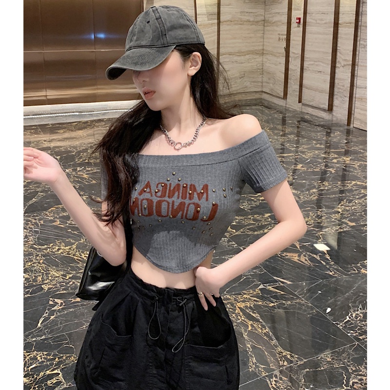 Áo Thun Tay Ngắn Trễ Vai In Chữ Thời Trang Quyến Rũ Cho Nữ