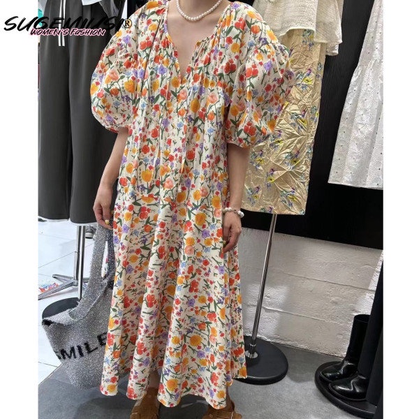 Sugemiusi Đầm Dài Eo Cao Cổ Chữ v Tay Phồng In Hoa Phong Cách Pháp Cổ Điển Thiết Kế Mới Dành Cho Bạn Nữ