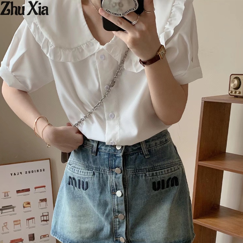 Áo sơ mi ZHUXIA tay ngắn cổ búp bê phong cách retro dành cho nữ