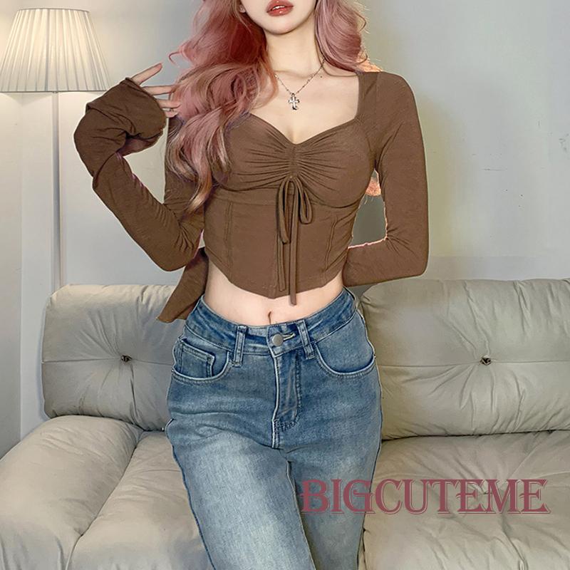 []] Áo Thun Crop Top Dây Rút Tay Chuông Dài Màu Trơn Ôm Dáng Vừa Vặn Cho Nữ