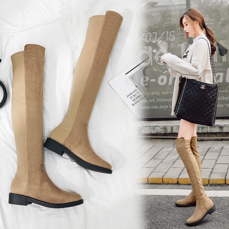 Giày Bốt Gót Dày Qua Gối Gót Thấp Co Giãn Thời Trang Thu Đông Cho Nữ
